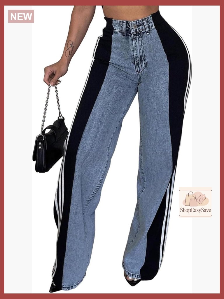 High Waisted Wide Leg Patchwork Stripes Stretchy Color Block Straight Trendy